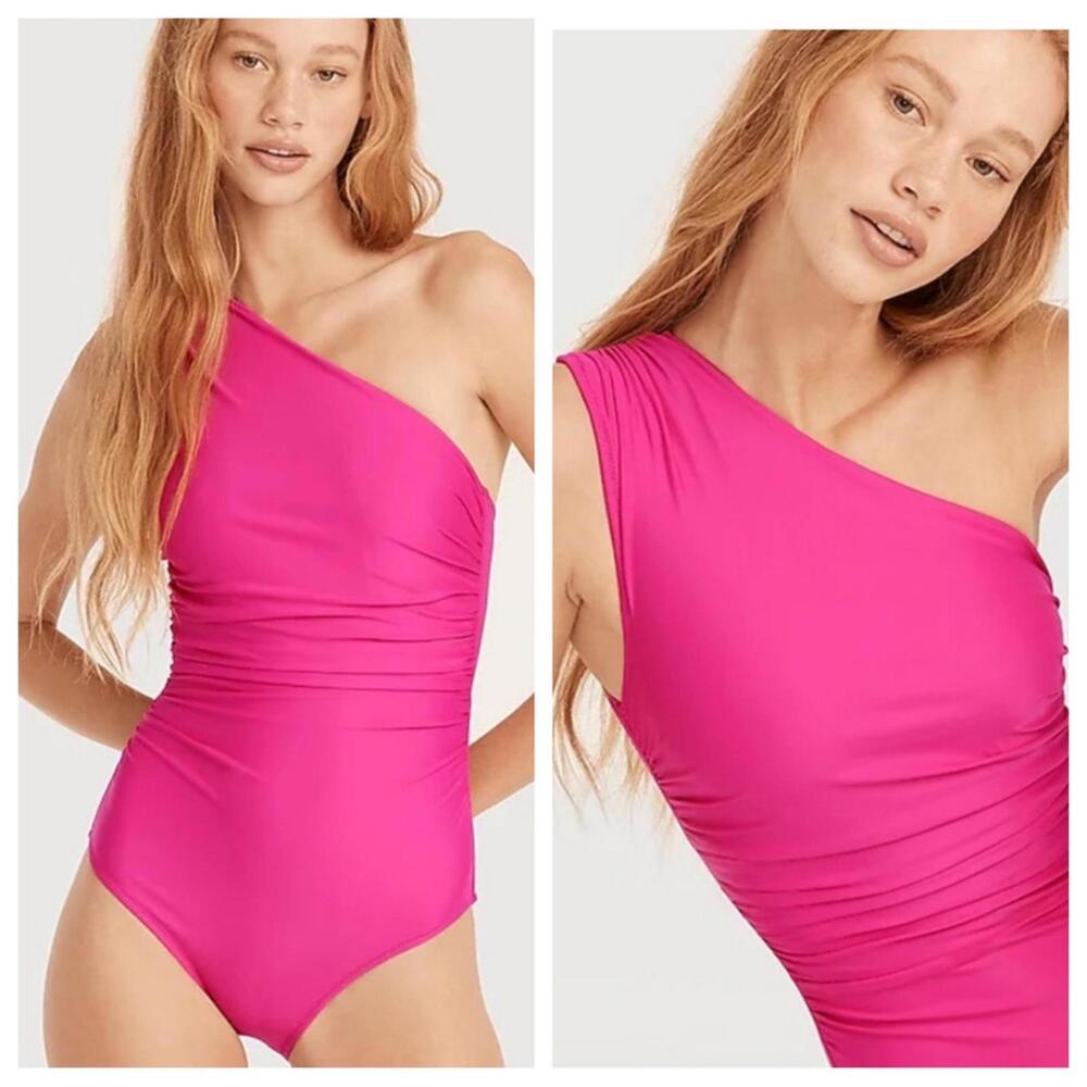 🆕 J. Crew Hot Pink Asymmetrical One Piece Ruched Shoulder Swim Radiant 16 Plus